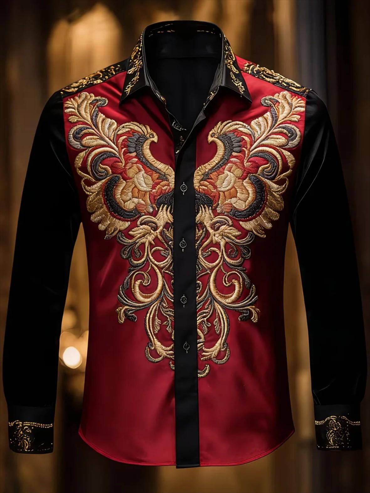 Luxuriöses Barock-Langarmhemd, Stilvolle Herren-Formalkleidung XXL brown