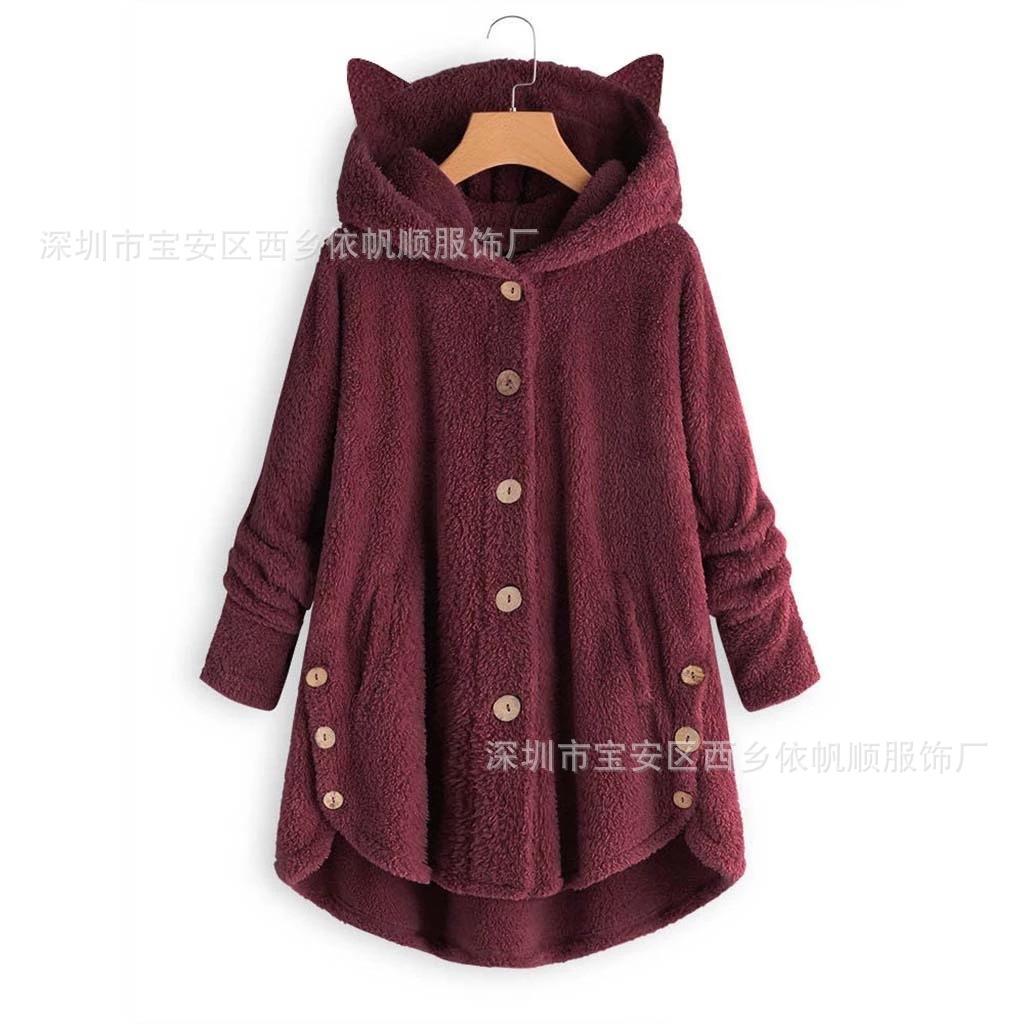 Autumn and Winter European and American Buttons Hooded Cat Ears Plush Top Irregular Trendy Brand Solid Color Coat Women