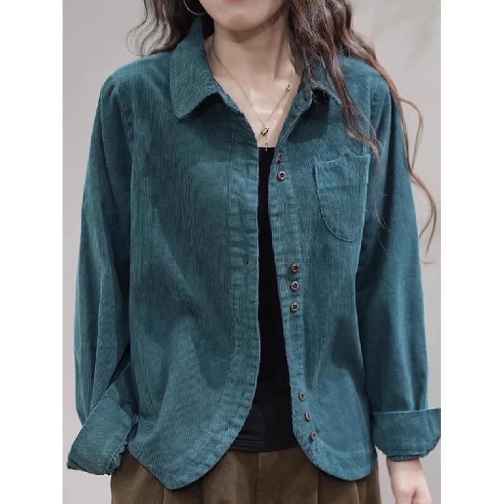 Primavera Outono Novo Vintage Solto Casual Camisa de Veludo Cotelê Feminina Bolso Moda Versátil Cardigã Top Mulheres Blusa de Manga Comprida Femme