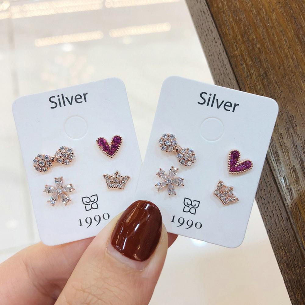 4 Pcs/set Fashion Simple Bowknot Hear-shaped Flower Crown Ear Studs
