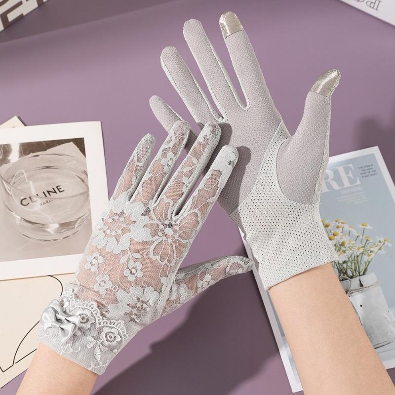 New sunscreen gloves women's spring summer outdoor riding driving lace non-slip bow