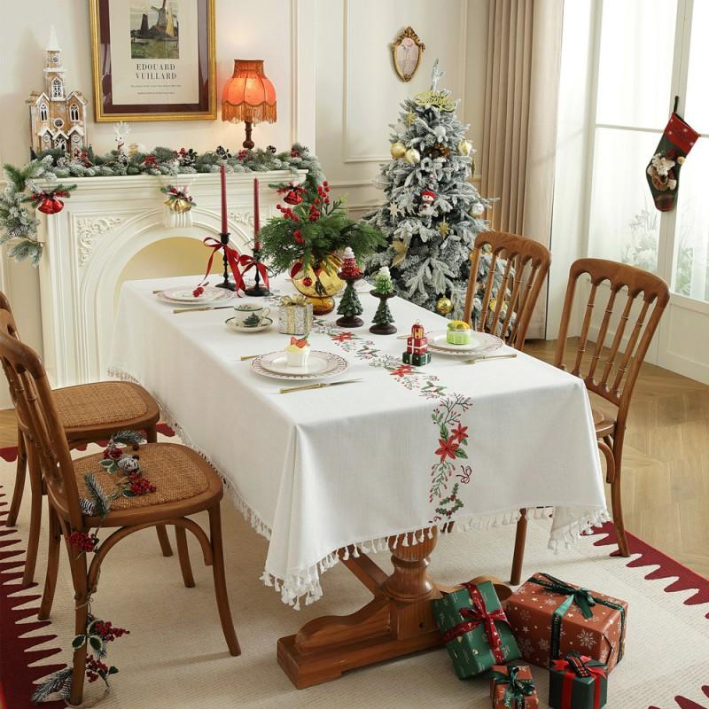 Embroidered Christmas Tablecloth Rectangle Floral Table Cover With Tassels Dining