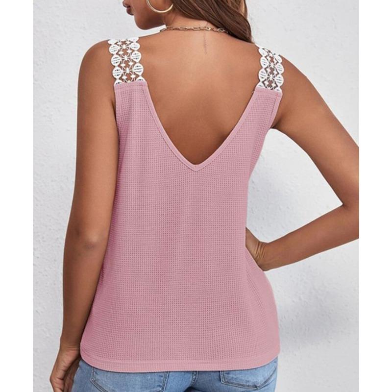 Womens Waffle Knit V Neck Tank Top With Lace Trim Sleeveless Casual Solid Color Camisole