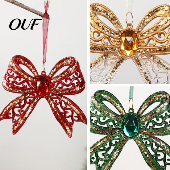 Decorative Bows for Gifts Acrylic Faux Crystal Bow Christmas Ornament, Sparkly Hollow Party Hanging Supplies Knot Decoration Home New Year Decor