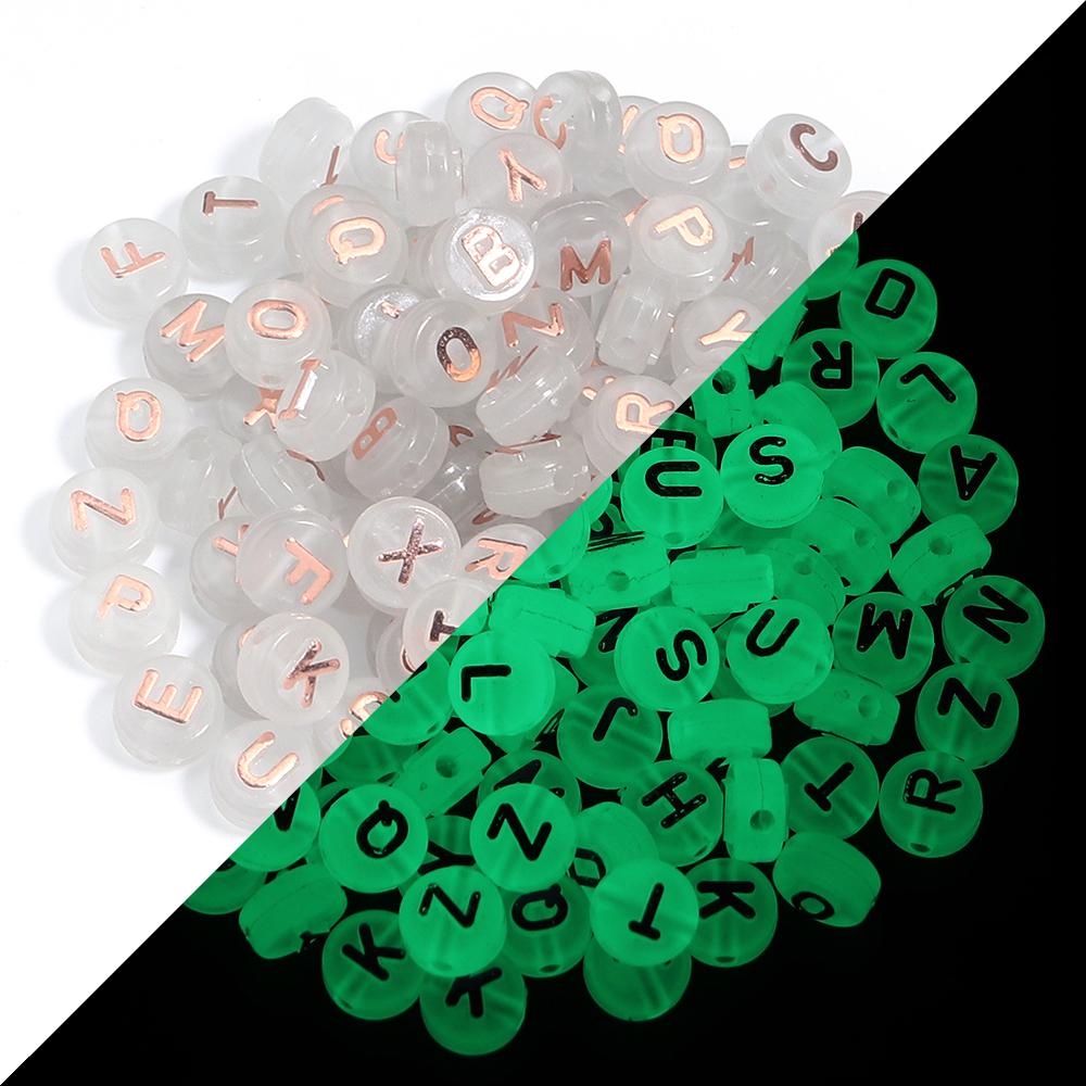 100pcs 10mm Acrylic Luminous Letter Beads Christmas Flat Round Loose Alphabet Beads For Jewelry Making DIY Bracelets Accessories