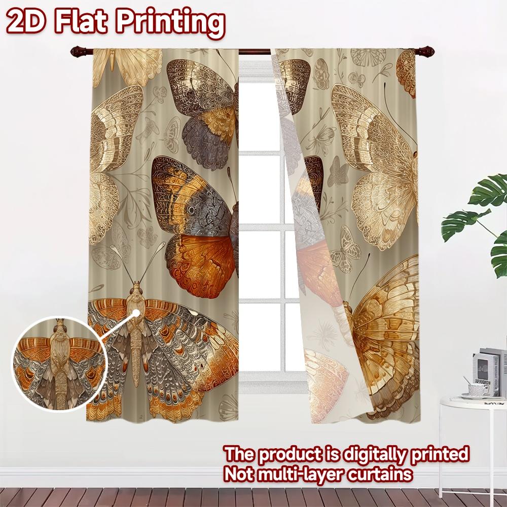 Flat Printing Curtains Without Rod Butterflies Cream Background Popular Fashionable Durable Polyester Set Of 2 Made