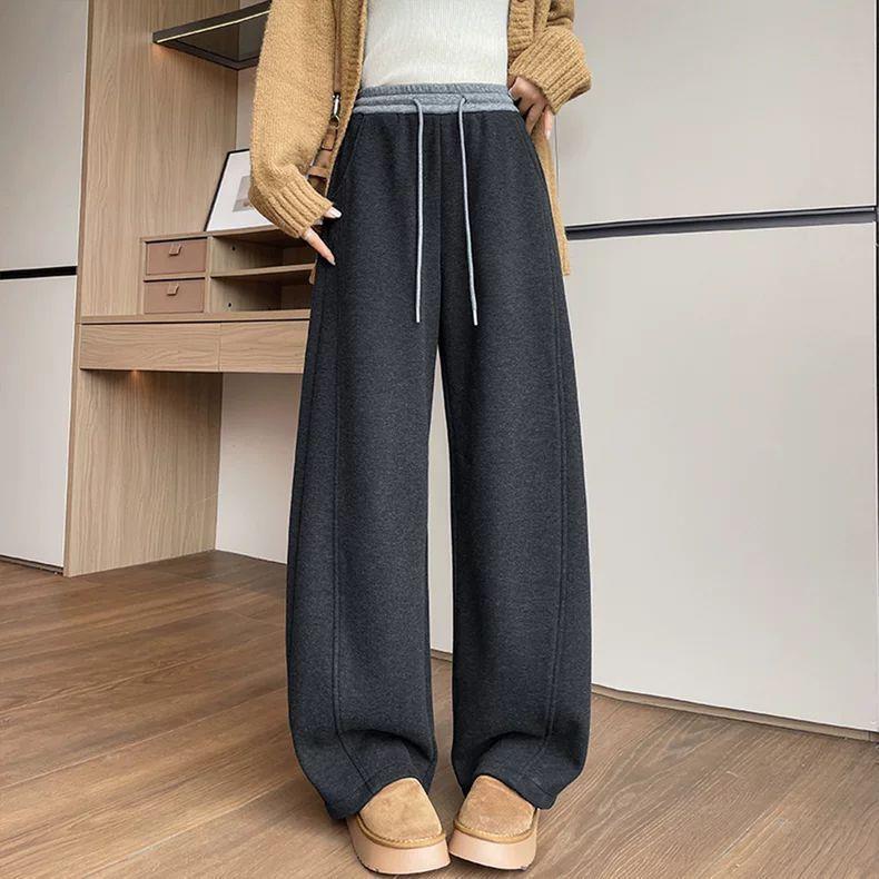 Women s Thickened Dark Grey Wide-Leg Winter Pants with Velvet Lining S 80-95 lbs