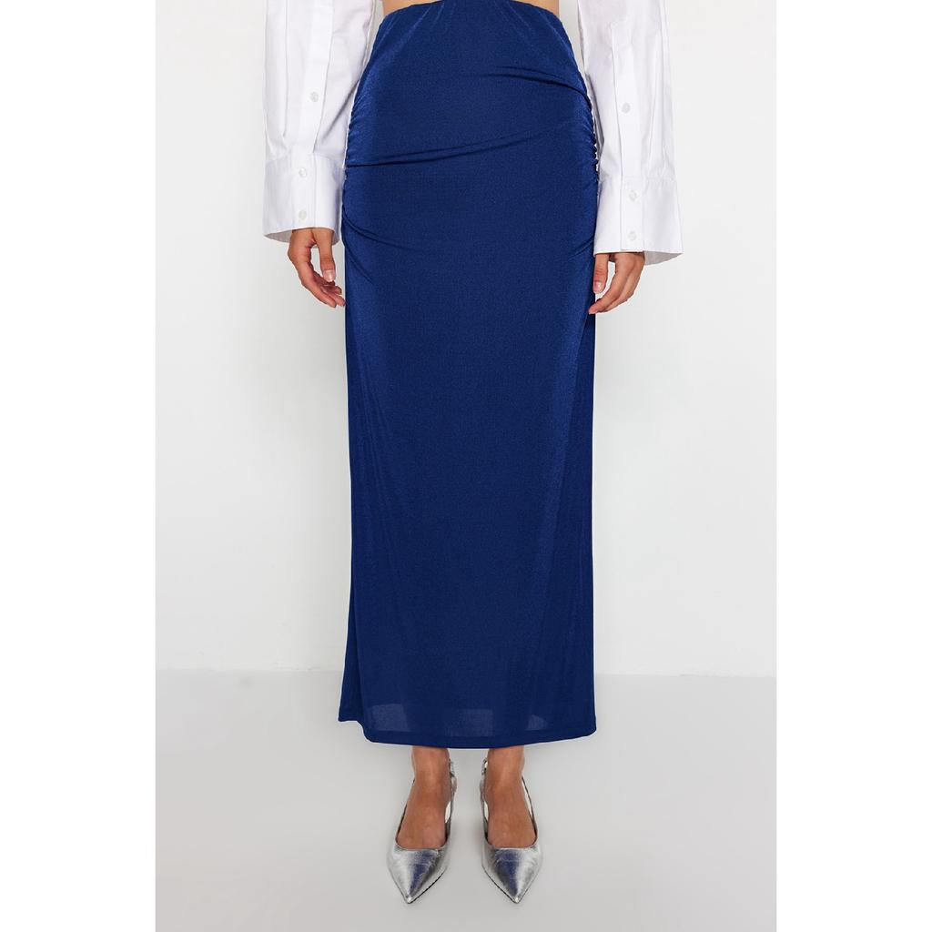 Navy Blue Premium Shiny Surface And Soft Textured Draped Maxi Knitted Skirt Twoaw24et00090