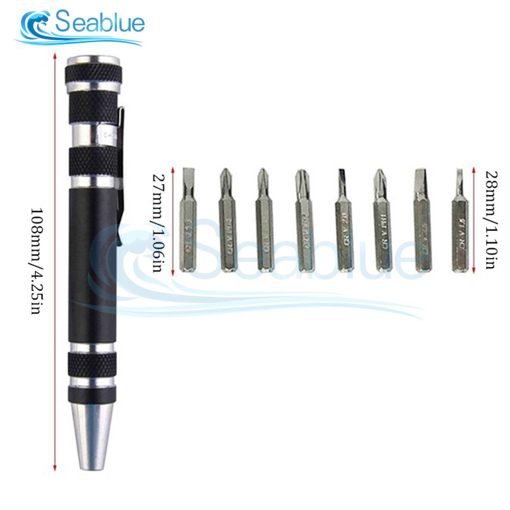 Multifunction 8 In 1 Pocket Precision Mini Screwdriver Pen Mobile phone Repair Hand Tools Kit Portable Screwdriver Set Bits
