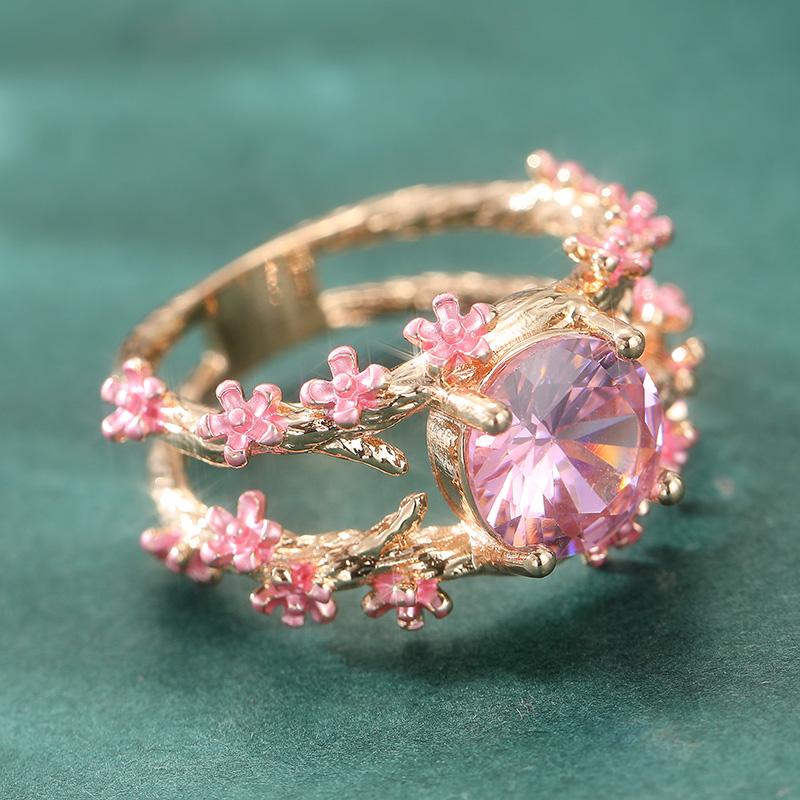 Vintage Inlaid Pink CZ Flower Women's Ring Aesthetic Gold Color Hand Carving Daily Wear Party Jewelry Anniversary Gift