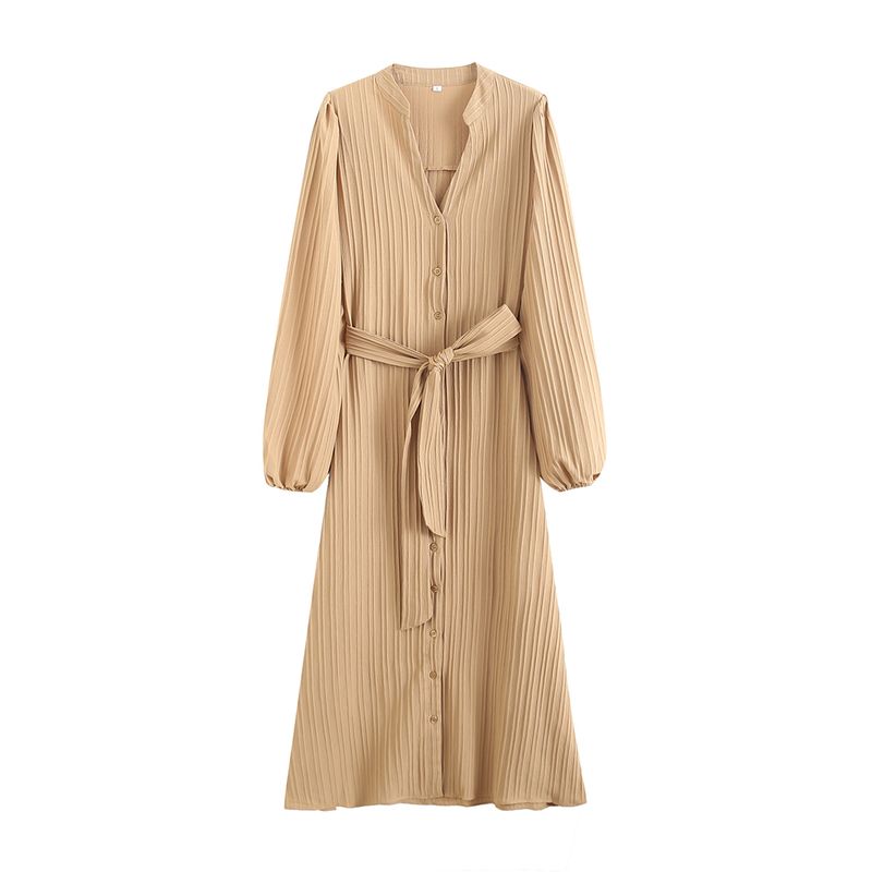 Kaslead New Arrival Women's Fashion Style Fashion Pleated Tied V-neck Pure Color Puff Sleeve Dress Long Dress