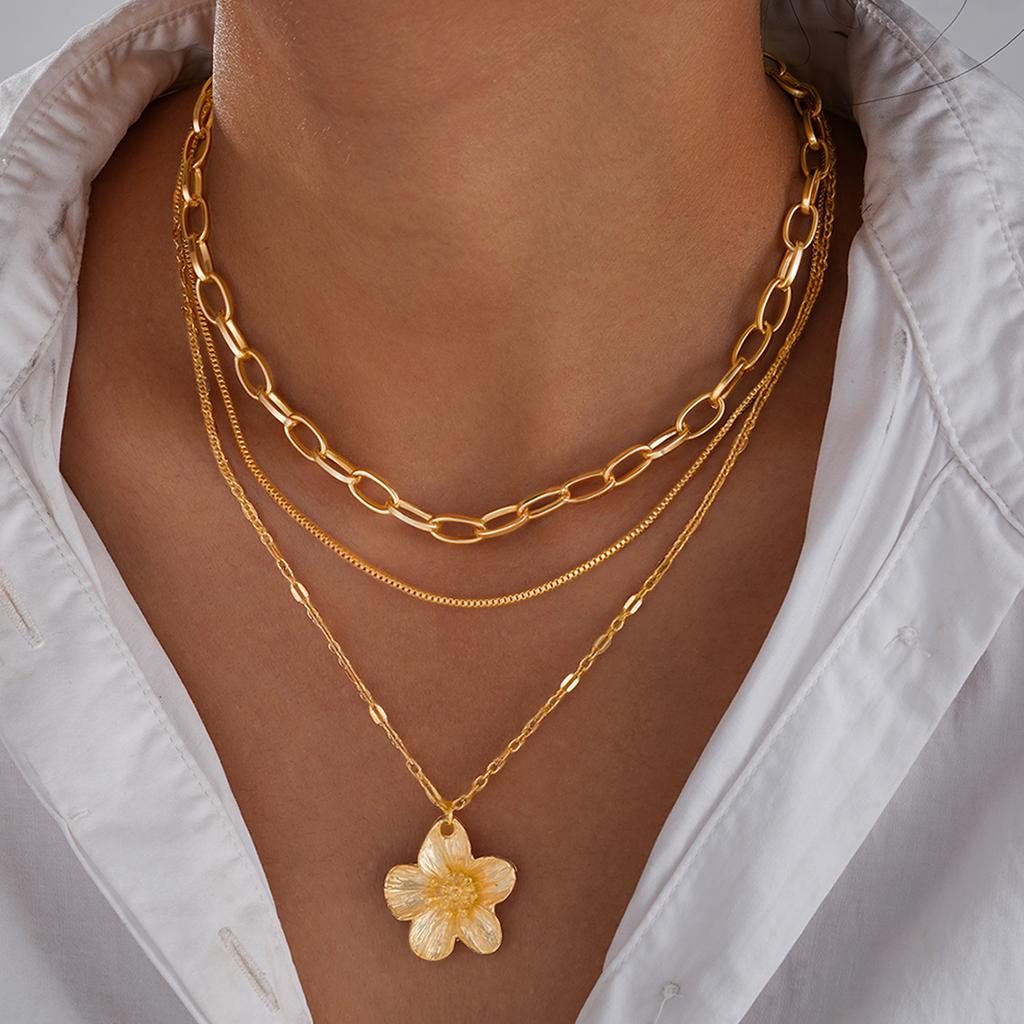 3pcs Flower Pendant Snake Bone Chain Necklace Set Elegant Vintage Minimalist Metal Layered Necklaces Holiday Daily Wear Jewelry