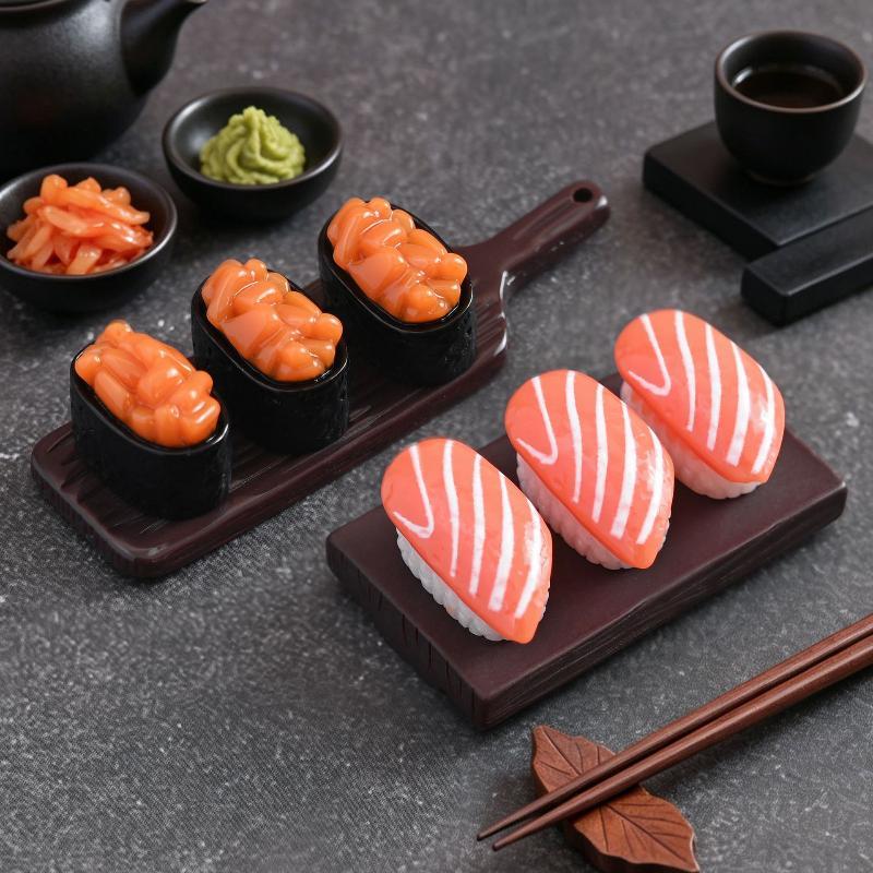 10 Stück Mini Japanisches Sushi Modell Lachsrogen Süßgarnelen Sushi Miniatur Essen DIY Harz Zubehör Anhänger Puppenhaus Dekoration