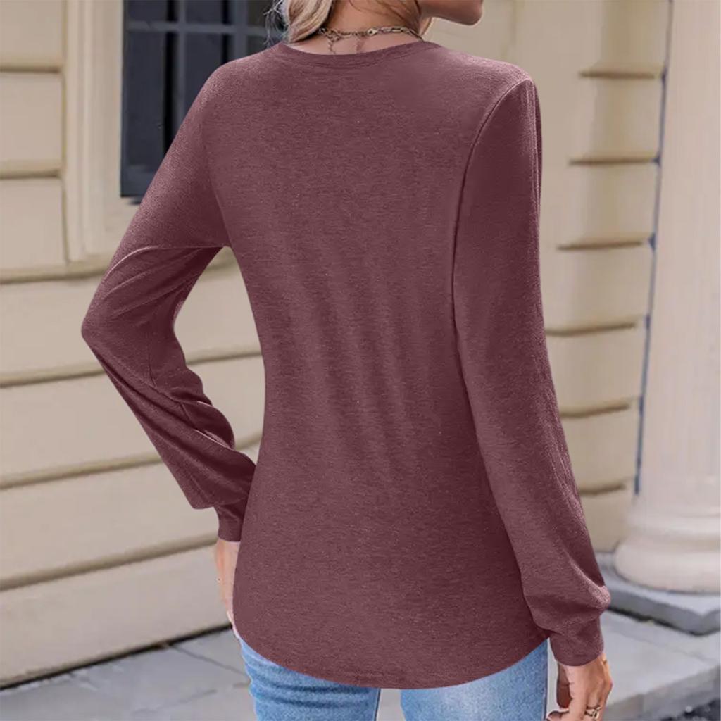 Women's Fashion Casual Solid Color Pleated Comfortable Round Neck Loose Long Sleeve T-shirt Top