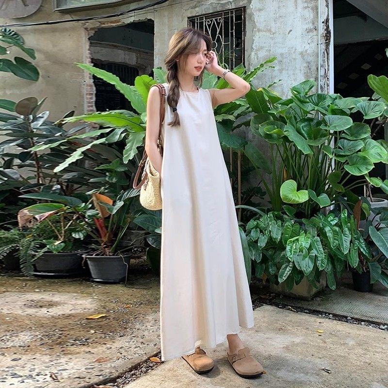 French temperament sleeveless cotton and linen dress women's summer new design back hollow round neck vest skirt