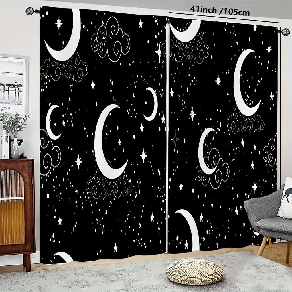2pcs Set Moon & Starry Sky Semi-Sheer Curtains - Polyester, Machine Washable, Rod Pocket Design For Bedroom & Living Room Decor