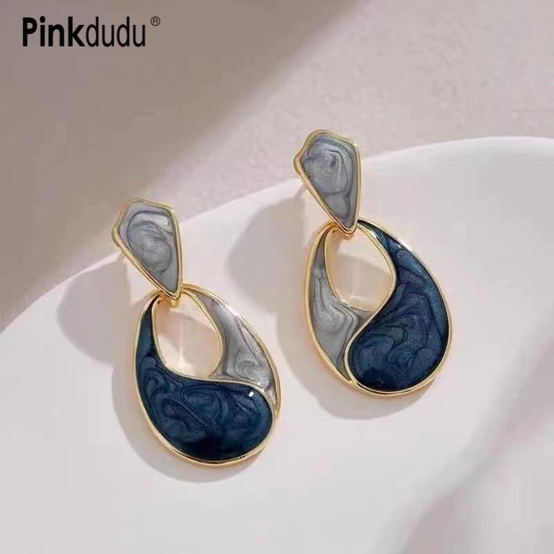 Pinkdudu Vintage Drip Oil Blue Water Drop Zinc Alloy Earrings Simple Trendy Stud Earrings Women PD2372