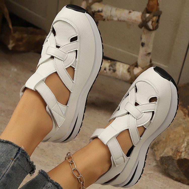 2025 Summer Women's Platform Closed-Toe Wedge Sandals, Breathable, Hollow Design, Plus Size 43, Thick Sole, Velcro Closure