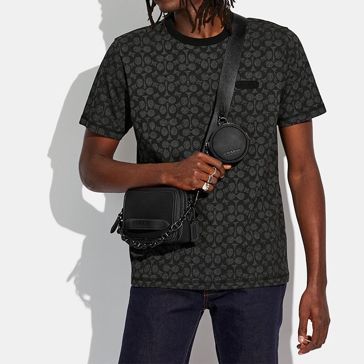 Coach Charter 19 Logo Print Double Layer Chain Wallet Charm Leather Camera Bag Handheld Shoulder Crossbody Bag Small Men Bags Black C6293-BLK