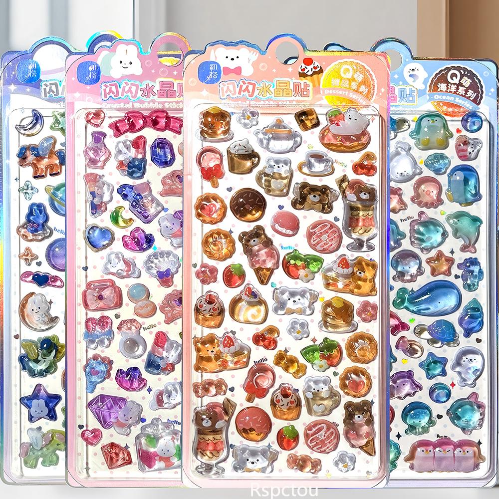 

4pcs Fresh Style Fruit Dessert Dopamine 3D Crystal Stickers Cartoon Marine Animals Bear Rabbit Decals Fridge Diary Phone Sticker
