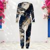 Women Plus Size Round Neck Long Sleeve Navy Printed Two Piece Set Cuffed Top Cuffed Pants With Pockets