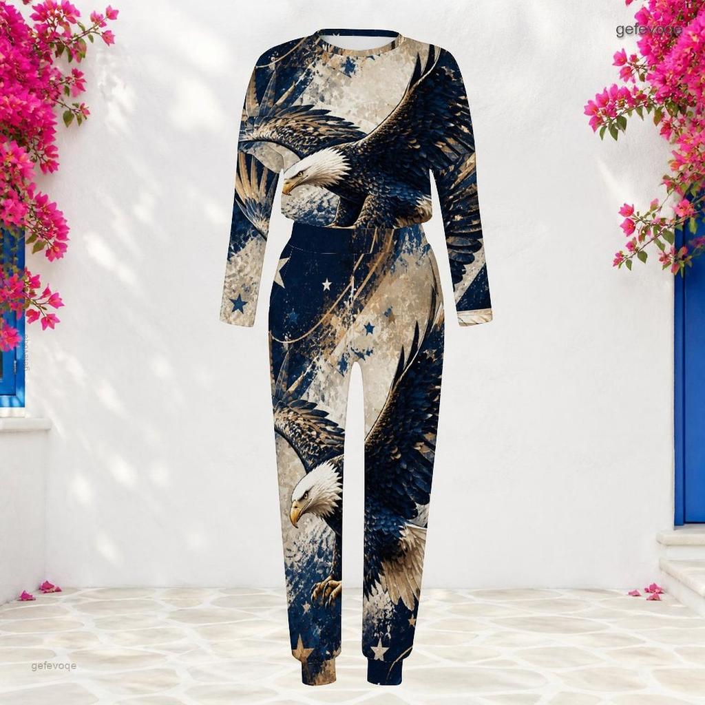Women Plus Size Round Neck Long Sleeve Navy Printed Two Piece Set Cuffed Top Cuffed Pants With Pockets