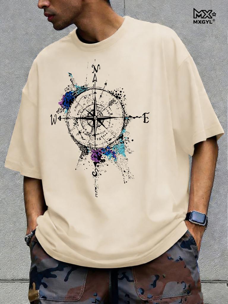 Men's Summer Cotton Fashionable Loose Casual Compass Pattern Printed Round Neck Short Sleeved T-shirt Breathable And Casual