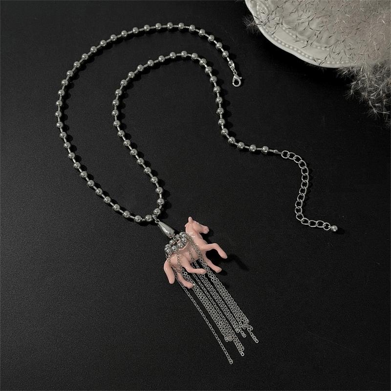 Stylish Tassels Necklace Featuring Adorable Horse Charm Adjustable Chain Length 61+7cm Neckchain Jewelry