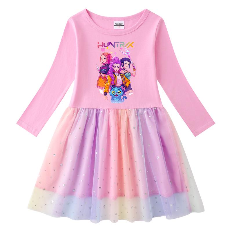 Children's Kpop Demon Slayer Rainbow Sequin Mesh Princess Dress - Short Sleeve for Summer, Long Sleeve for Spring/Autumn