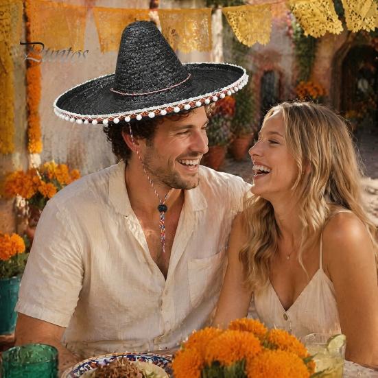 Zonnehoed Mexicaanse Sombrero met Kleurrijke Pompons, Hawaiiaanse Stijl Geweven Strohoed, Brede Rand Lichtgewicht Alle Seizoenen Feestkostuum voor de Zomer