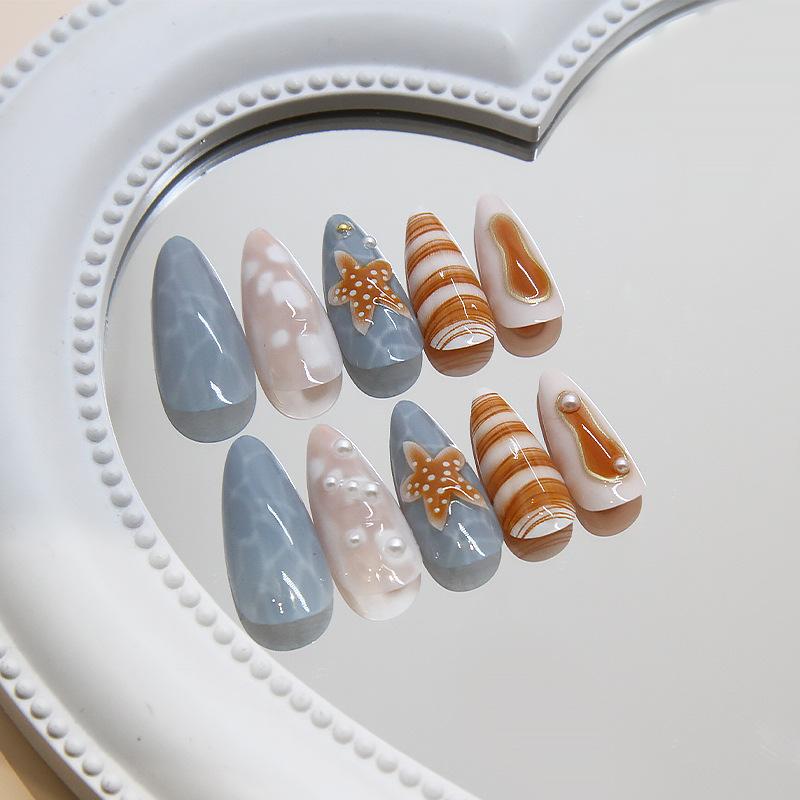 Nail Patch Removable Nail Ocean False Nail Beach Shell Wearing Nail Three-dimensional Pearl Diamond 24 pieces