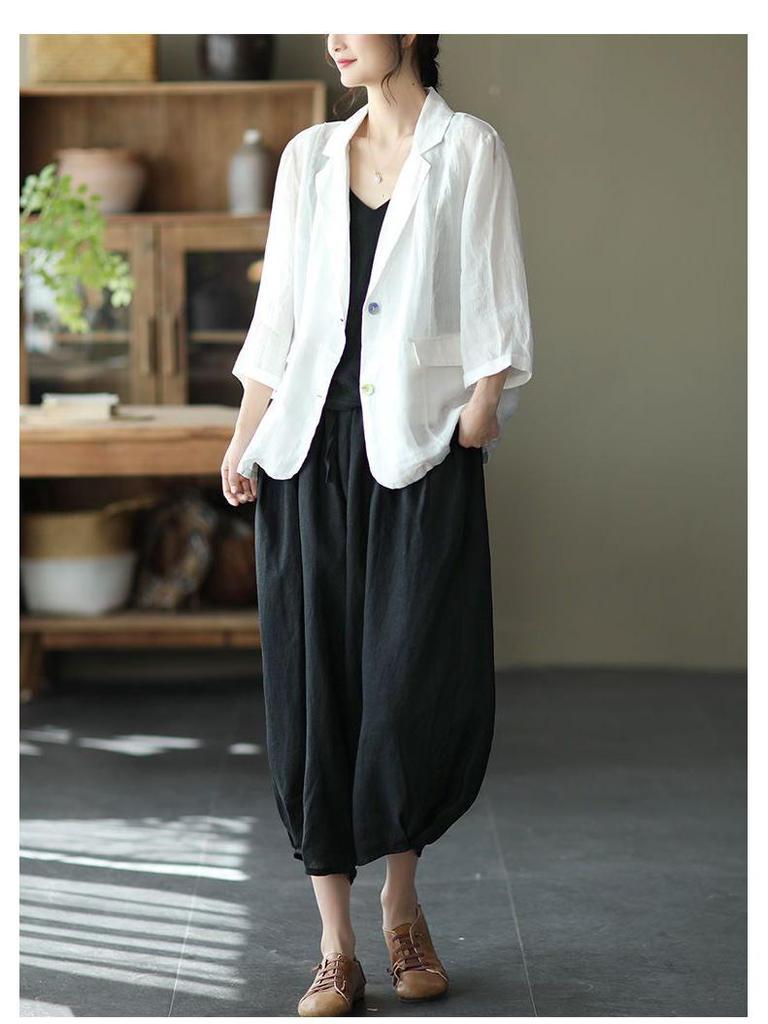 Women's Dopamine Retro Zen Style Elastic Waist Cotton Linen Cropped Harem Pants for Spring Summer