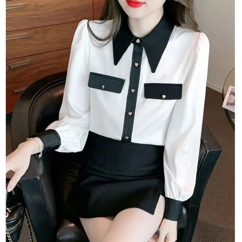 Women's Contrast Collar Heart Button Long Sleeve Blouse