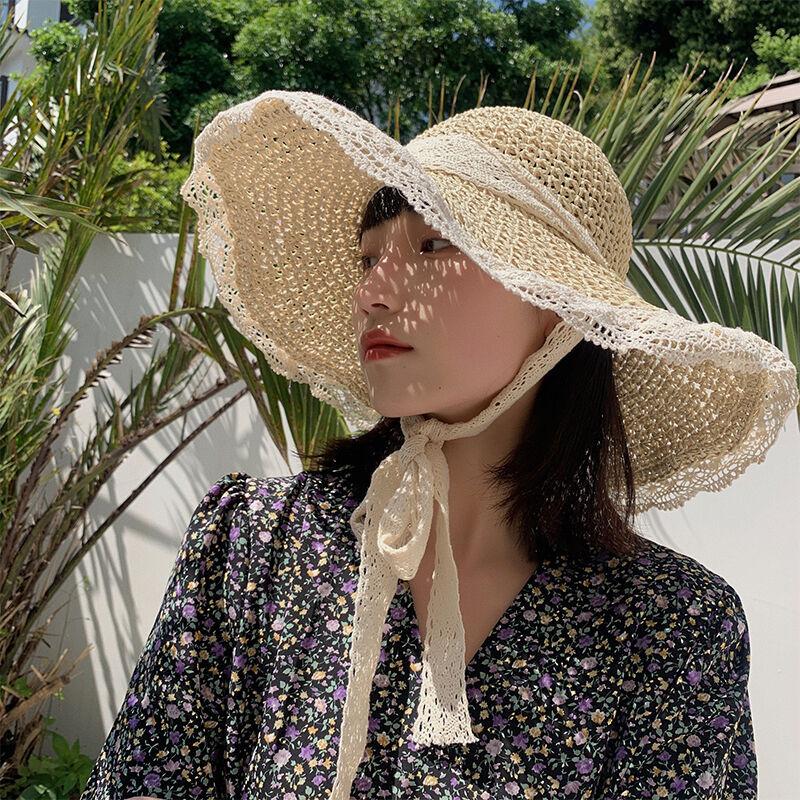 Hollow straw hat summer thin lace long lace-up straw hat versatile face small seaside sun hat women