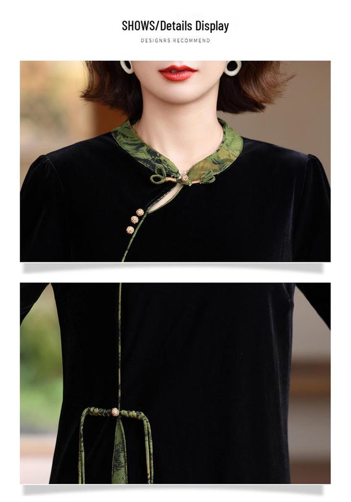 Mother's Wear: New Spring & Autumn 2026 Chinese Style Gold Silk Velvet Qipao Dress for Middle-Aged & Elderly Women