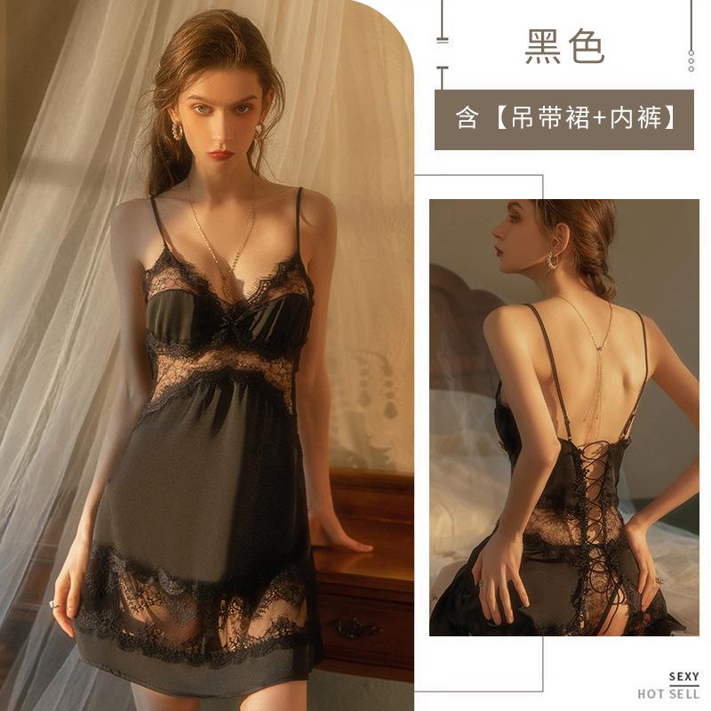 Sex Underwear, Sexy Lace, Deep V Beauty Back Lace-up Suspender Nightdress, Hollow Perspective Thin Pajama Set