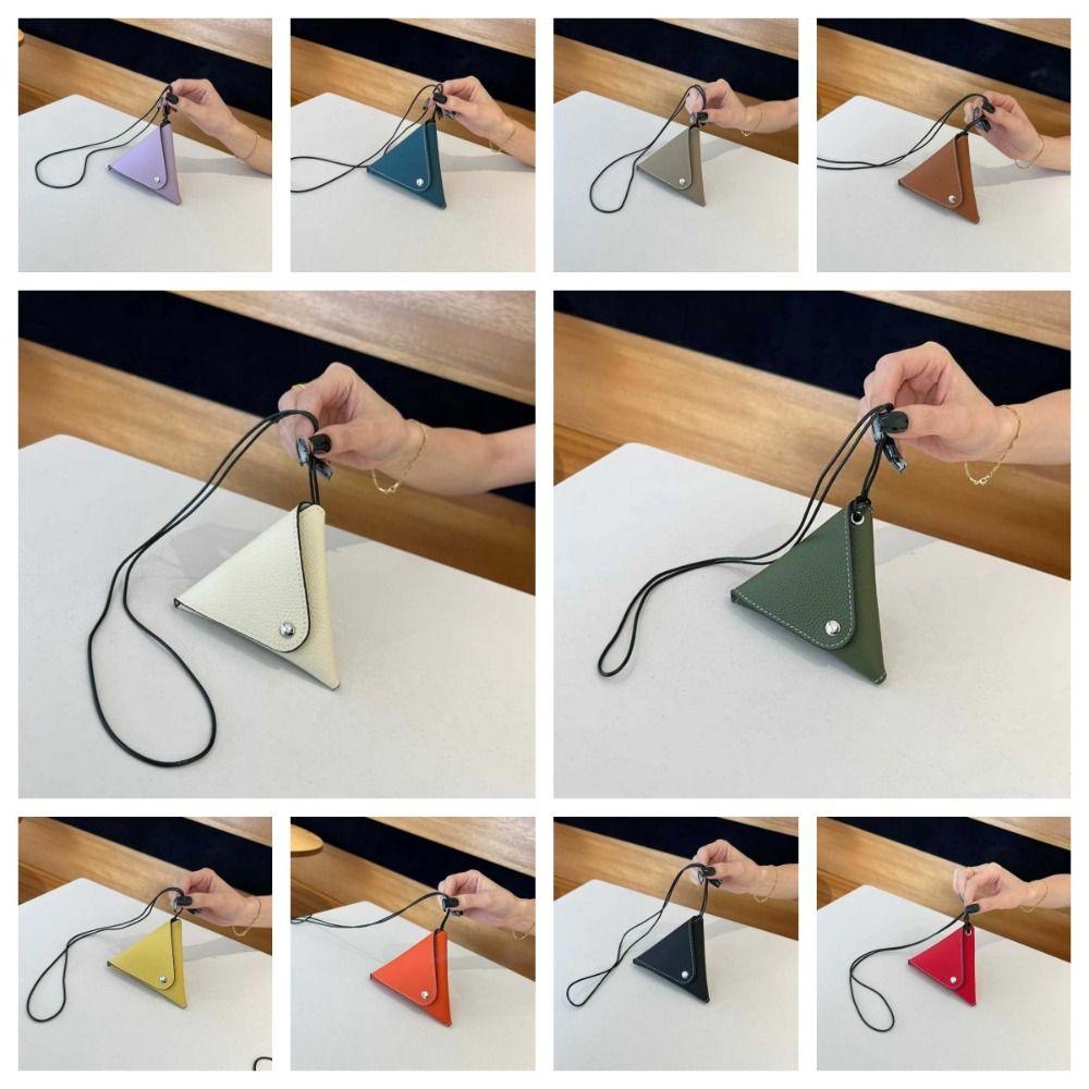 Elegant Folding Triangle Pouch Anti-splash Water Vintage Hanging Neck Coin Purse Mini Leather Detachable Earphone Bag Travel