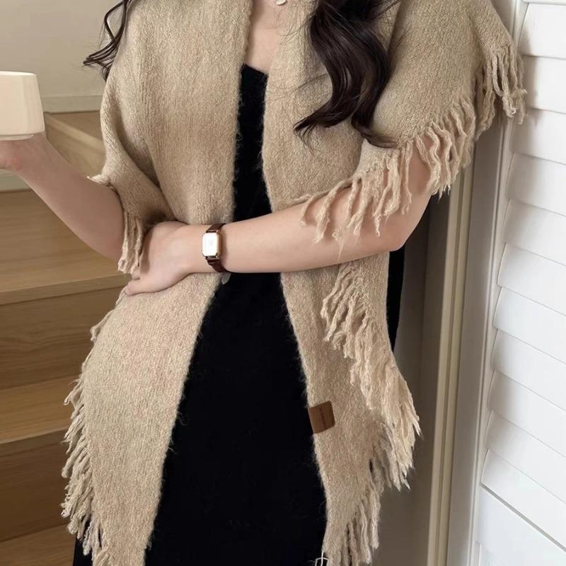 Korean High Quality Wool Blend Tassel Triangle Scarf For Women Coat Outwear