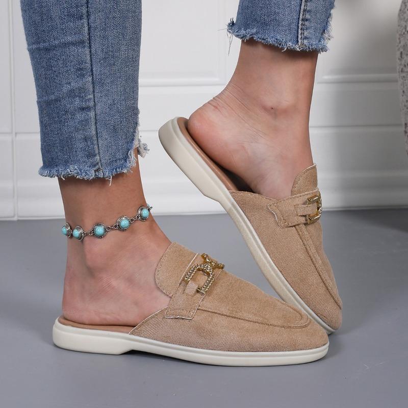 

Мода Мода 2025 Женские шлепанцы с закрытым носком Новая металлическая отделка Повседневные Высокое качество Большой размер Легкие Удобные Шлепанцы на плоской подошве 43 хаки