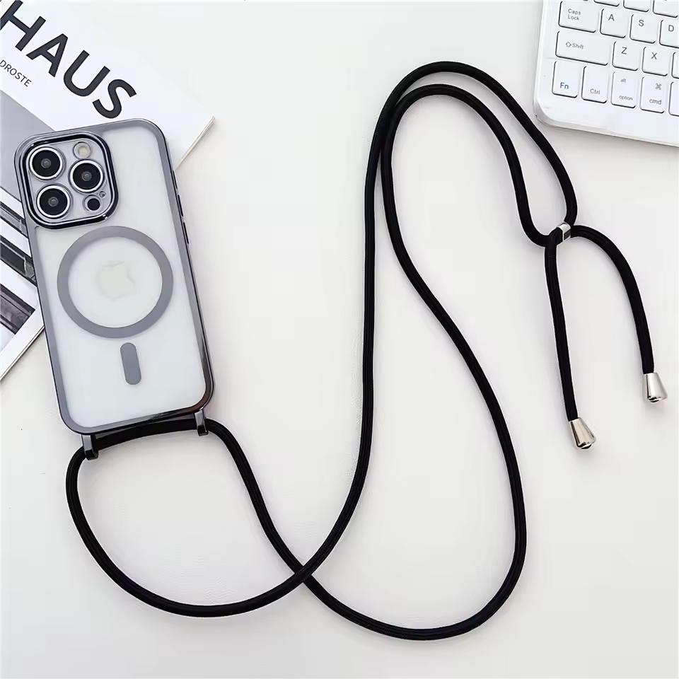 Luxusní šňůrka na krk Lanyard Pokovování Magnetický Průhledný Kryt na Telefon Pro iPhone 17 16 15 14 13 12 Pro Max 11 Pro Magsafe Měkký Kryt