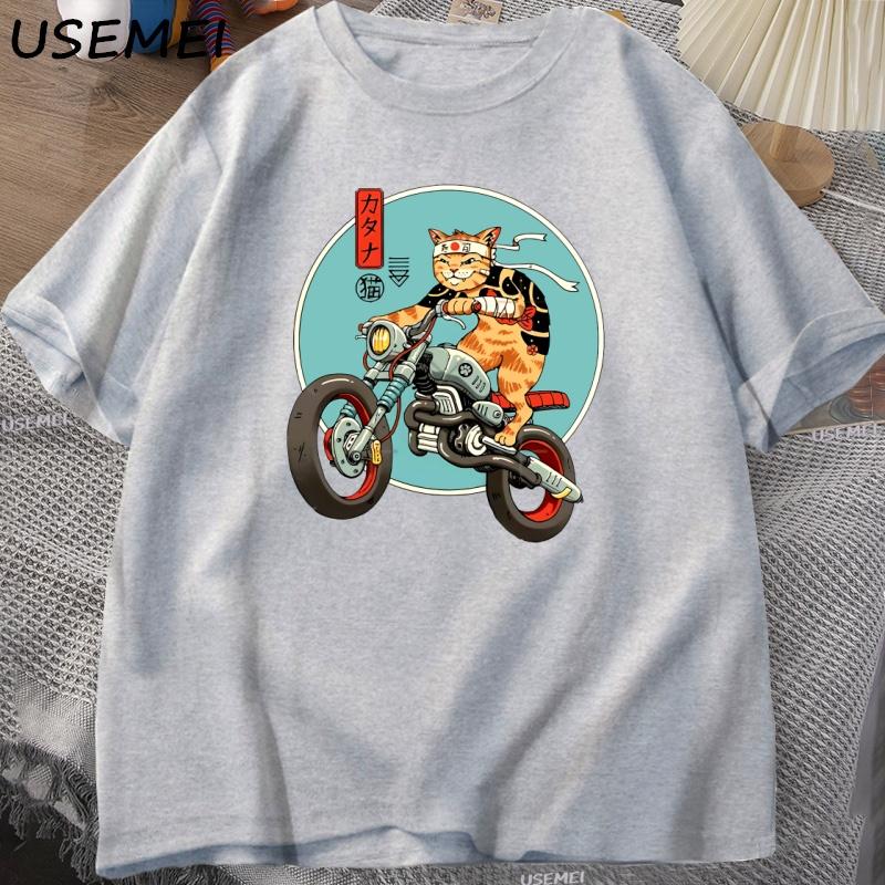 Cat Motorcycle T Shirt Casual Cotton Short Sleeve Tshirt for Unisex Japanese Style Vintage Graphic Tees Unisexs Clothes Streetwear