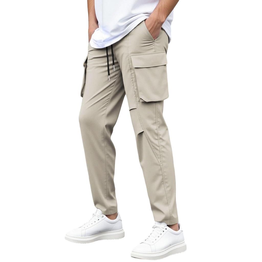 Pantaloni de drumeție pentru bărbați, cargo, cu buzunare multiple și șnur, cu croială dreaptă, casual