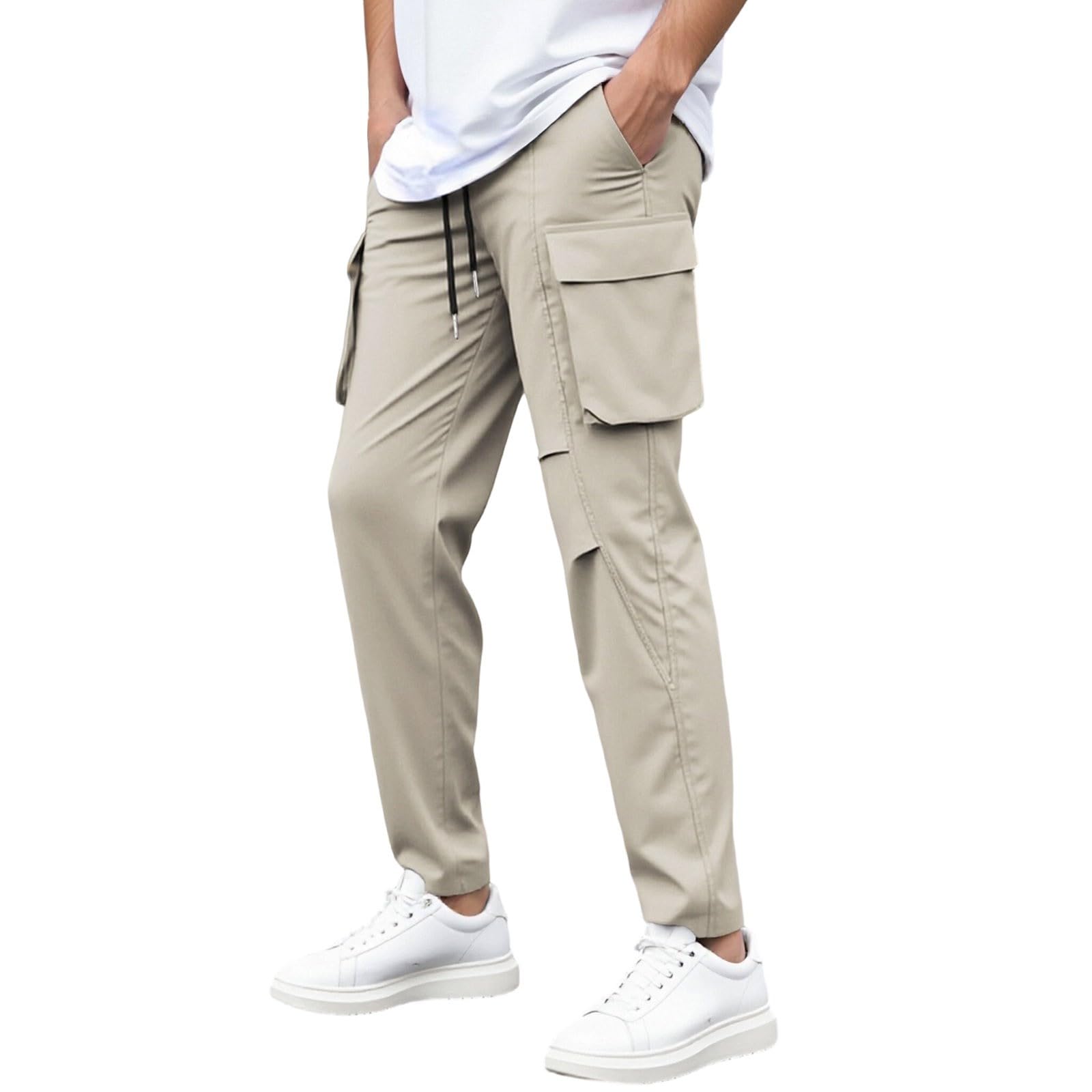 Men s Multi-Pocket Cargo Drawstring Hiking Pants, Straight Leg Casual Trousers M хаки