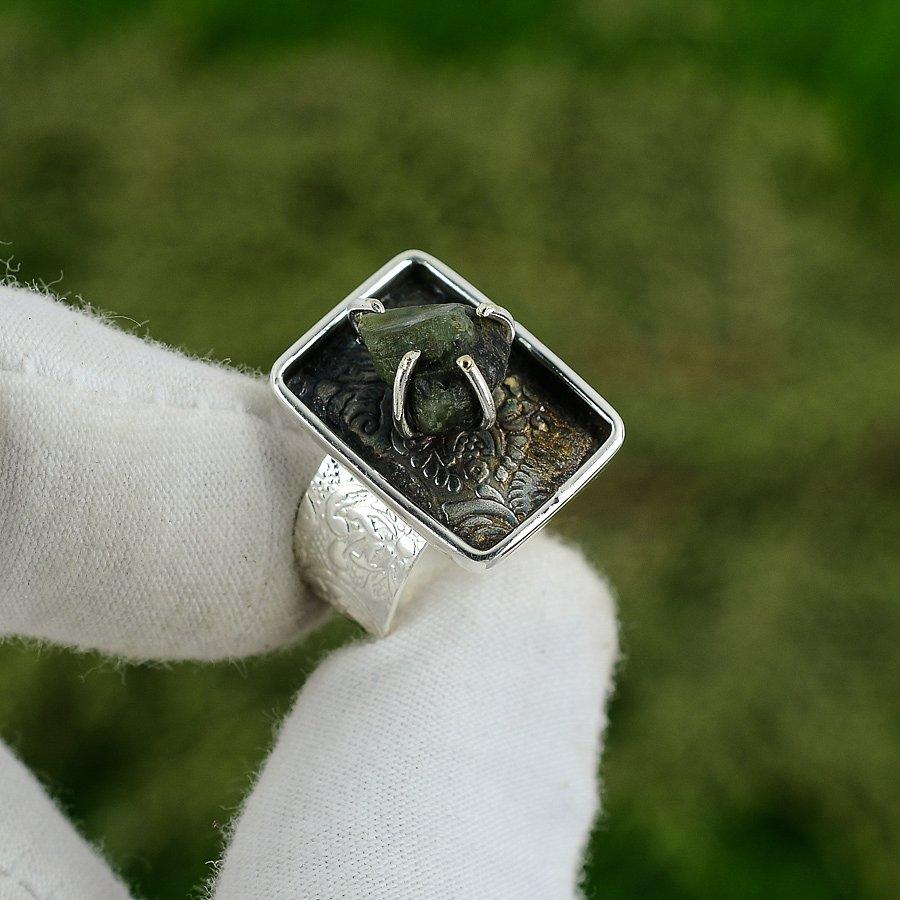 Gift For Her 925 Silver Natural Green Stone Rough Solitaire Adjustable Ring Adjustable