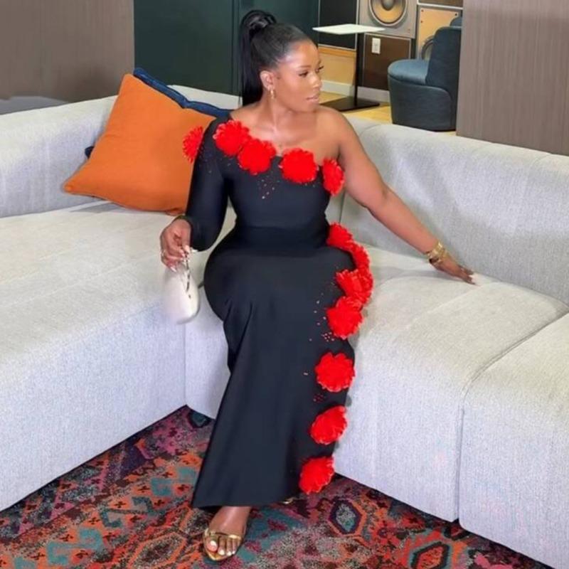 New Sexy Bandage Dress Flower Shoulder Women's Clothing Medium and Long Party Dress African Fashion