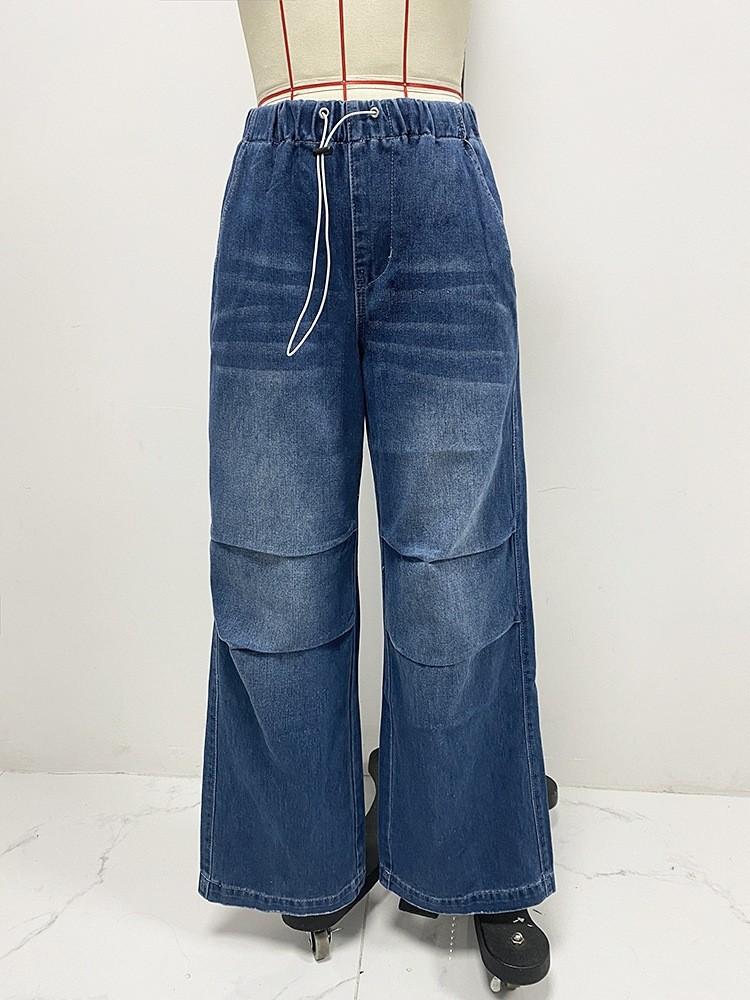 Women's Casual Fashion Retro Mid-rise Wide-leg Pleated Loose Jeans Straight Pants