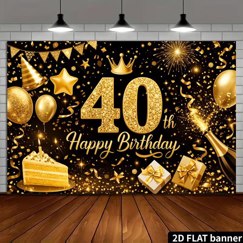 Fundal Banner 2D Negru Auriu cu Paiete Numărul 40 Zi de Naștere Coroană Balon Cadou Tort Fundal Foto