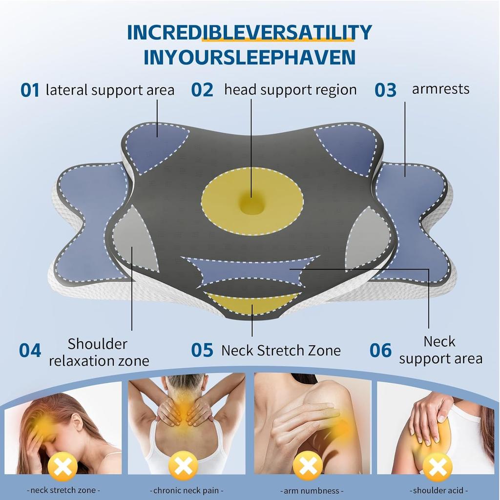 Memory Foam Pillow Cervical Neck Pillow Neck Ergonomic Contour Side Sleeper for Side Back Stomach Sleepers with Pillowcase Grey
