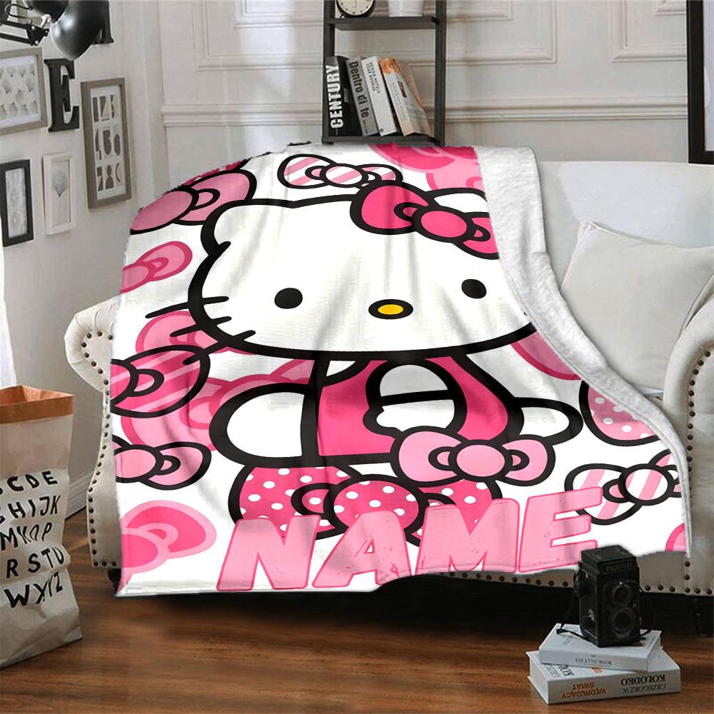 Hello Kitty With Pink Bows And Polka Dots Background Space Multipurpose Personalized Blanket Personalized Text Warmthful Decor Perfect For Sofa Couch