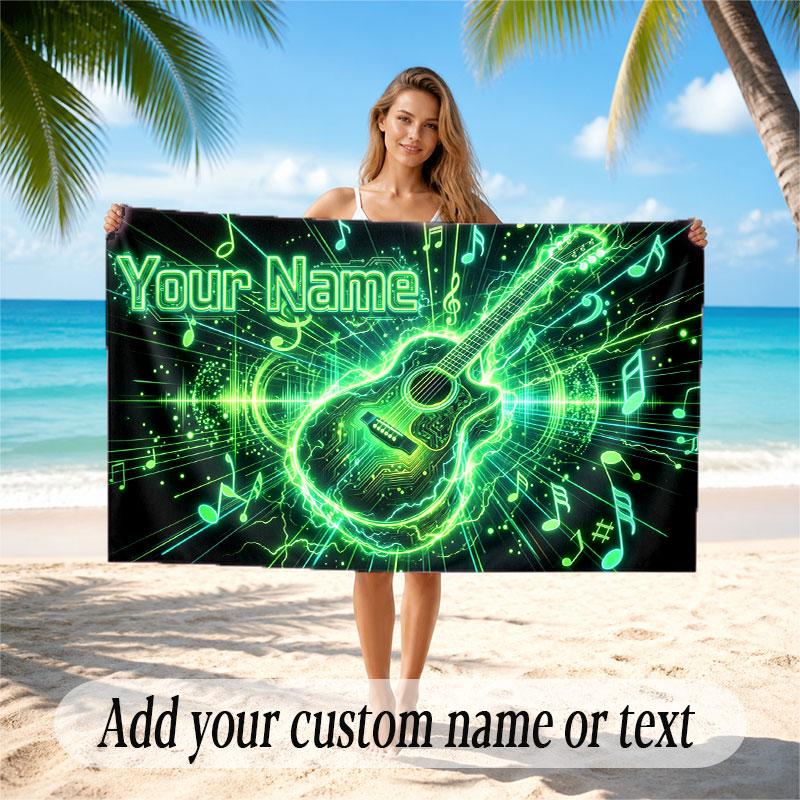 Music Guitar Theme Beach Towel Personalized Custom Name & Text Soft Quick Dry Beach Towel for Swimming Travel